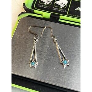Vintage Navajo Sterling Silver Star Turquoise Inlay Dangle Drop Earrings Zuni